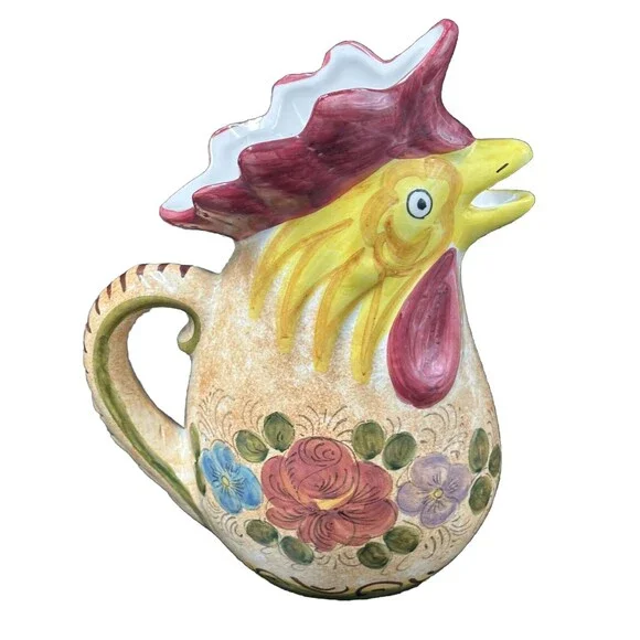 Floral Ceramic Rooster Pitcher made in Orvieto Italy 10.5 Inches Tall - Picture 1 of 6
